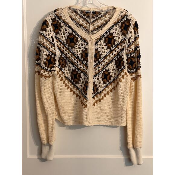 Unbranded Sweaters - Women's Cream Knit Boho Granny Cottagecore Button Up Cardigan Sweater Sz L Prep